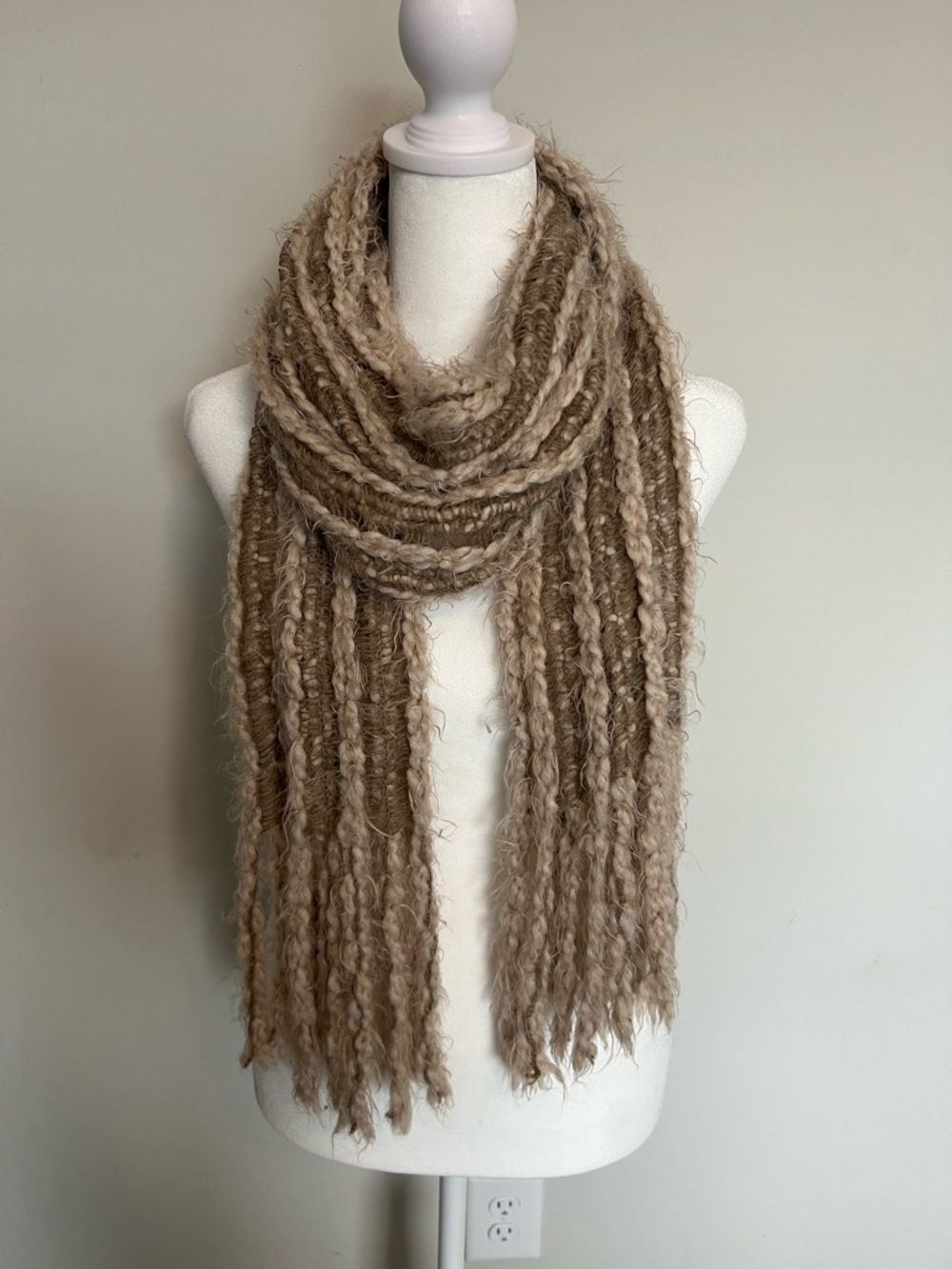 Alfani Taupe Textured Fringe Wool Knit Scarf